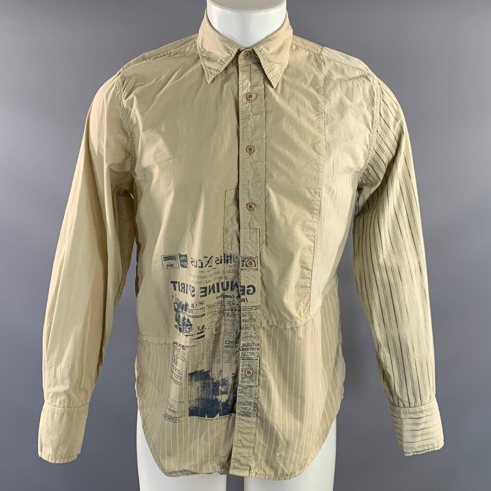 IKKS Size M Beige Stripe Cotton Button Up Long Sleeve Shirt